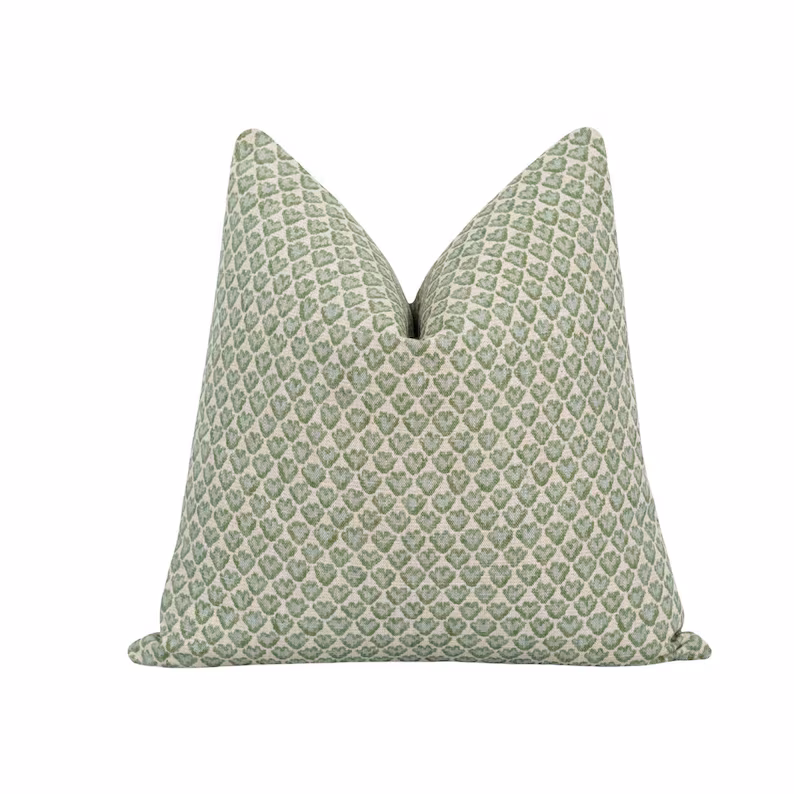 Green leaf block print throw pillow traditional cottage decor