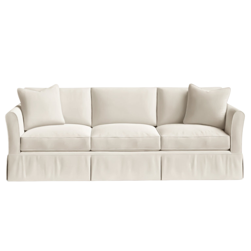 Natural linen blend skirted upholstered sofa