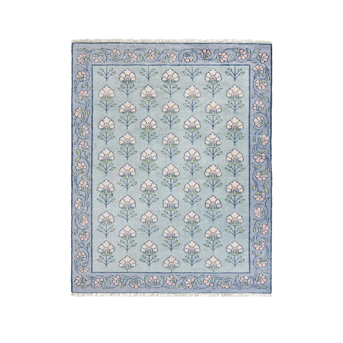 Blue and pink floral block print area rug kids bedroom traditional home decor