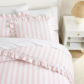 Pink and white cabana stiped duvet bedding kids traditional coastal home decor