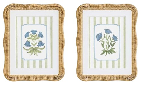 Rattan framed blue and green floral print set traditional home decor