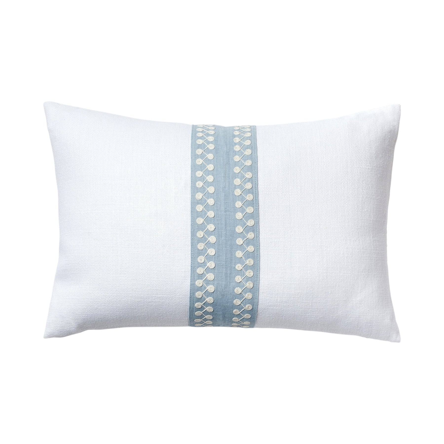 White bolster pillow with blue accent trim traditional coastal home decor